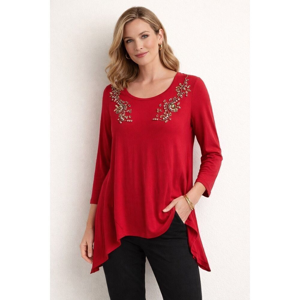 Earl Jeans Petite Small Red Embellished Scoop Neck Asymmetrical Tunic Top